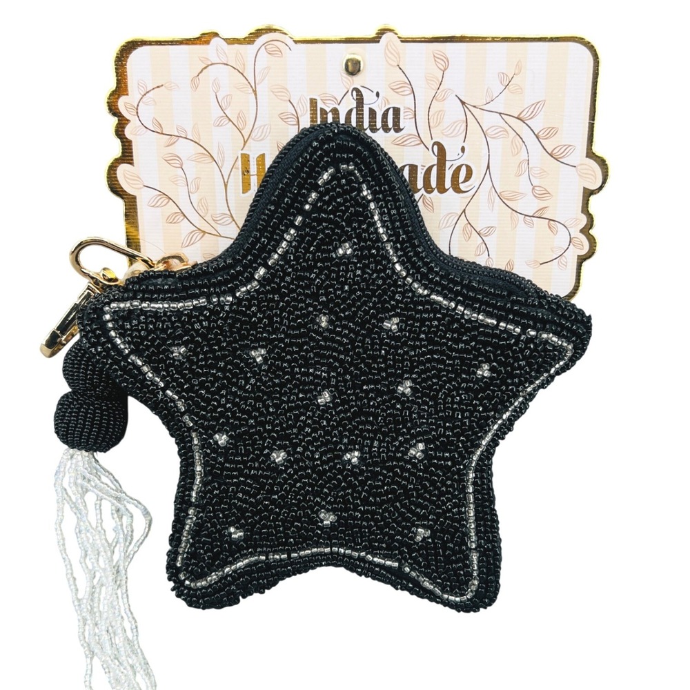 India Handmade Glass Bead Star Coin Purse Keychain Black Silver Tassel‎ NWT
